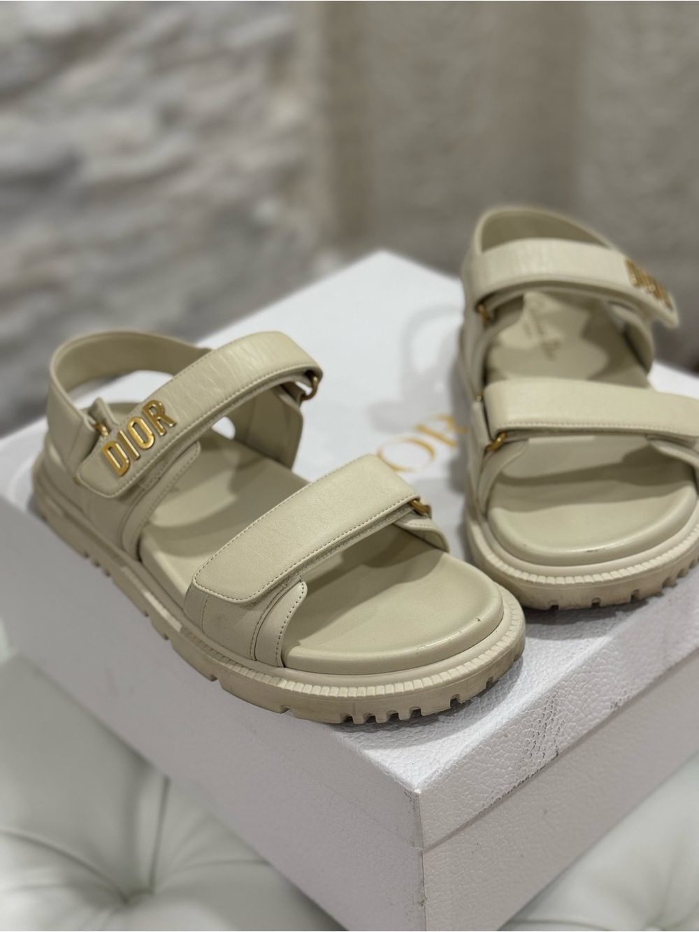 Dior Cream Leather Strap Platform Sandals with Gold Hardware